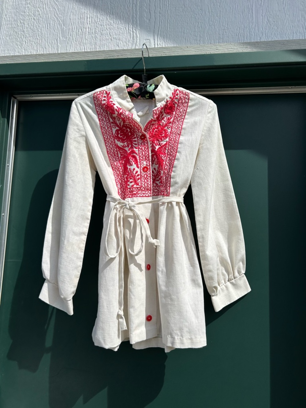 vintage 60’s Lazy U  Ivory Tunic with Bright Red Floral Embroidery